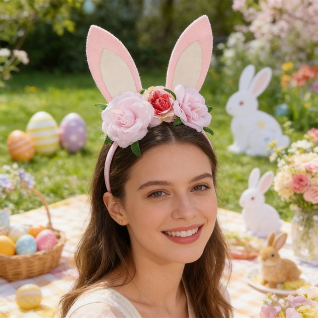 Diadema con orejas de conejo y tocado de flores para fiesta infantil, accesorio para el cabello de Pascua, diadema de plástico