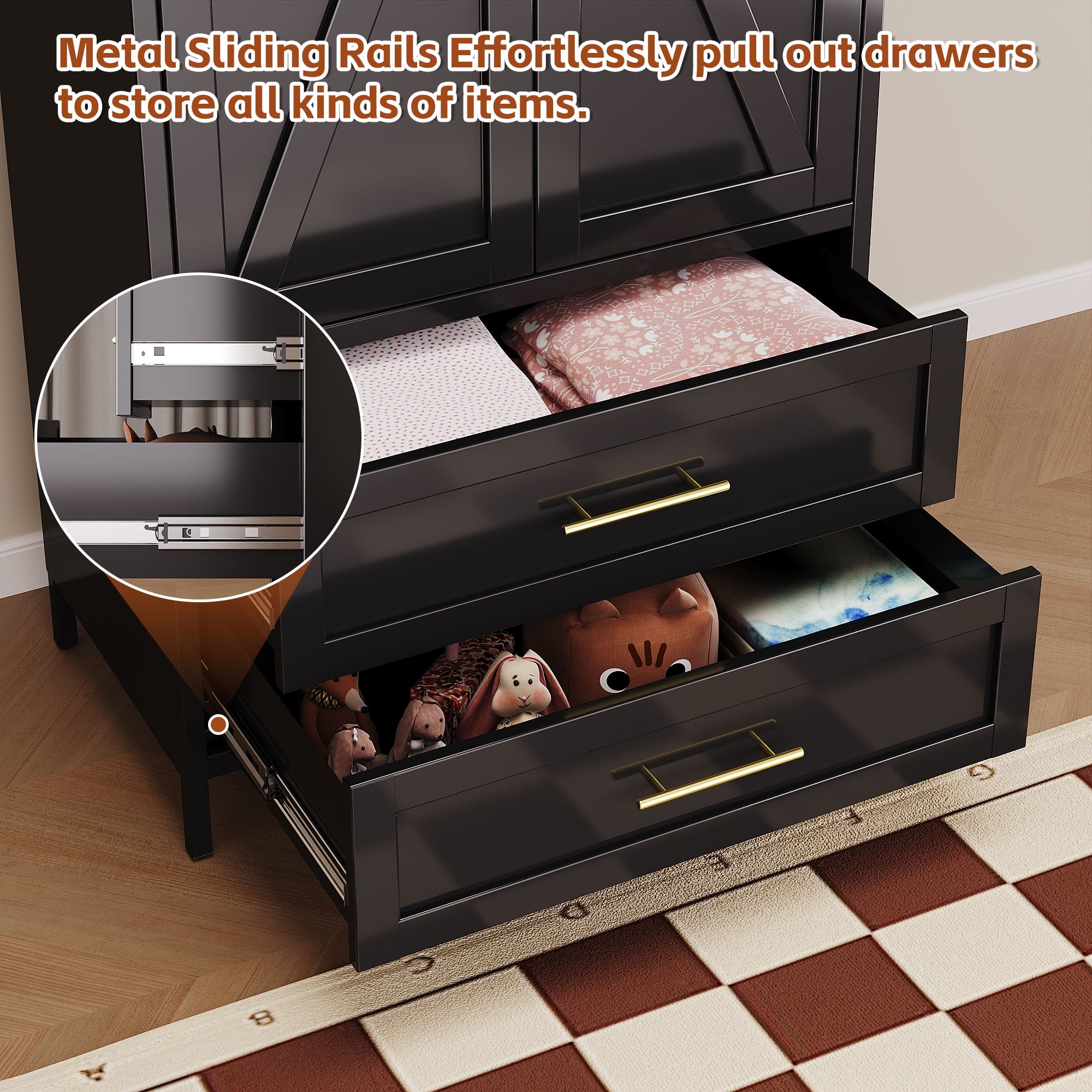 GangMei Metal Storage Cabinet Locker with 2 Drawers, Large Steel Cabinet with Hanger Rod and Adjustable Shelf for Living Room,Office,School,Gym,Garage,(Black)