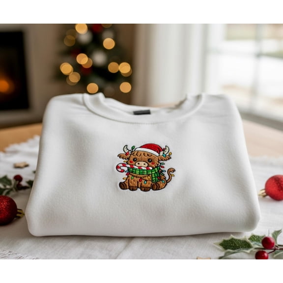 Embroidered Christmas Cow Sweatshirt, Highland Cow Holiday Sweater, Cozy Farm Christmas Crewneck, Cow Lover Gift, Western Xmas Shirt