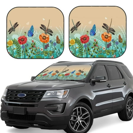 Hirioo Colorful Plants And Insects for 2PCS Windshield Sun Shade Foldable | Front Windshield Shade for Sun Heat and UV Rays-Medium