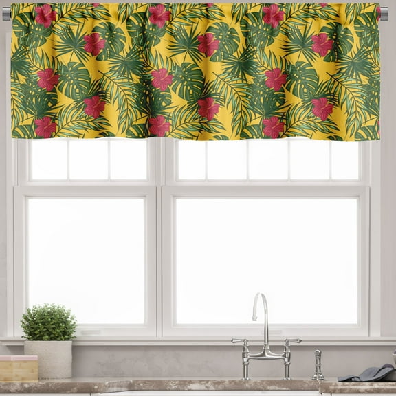 Ambesonne Tropical Valance Pack of 2, Exotic Monstera Leaves Art, 54"X18", Mustard Green Magenta