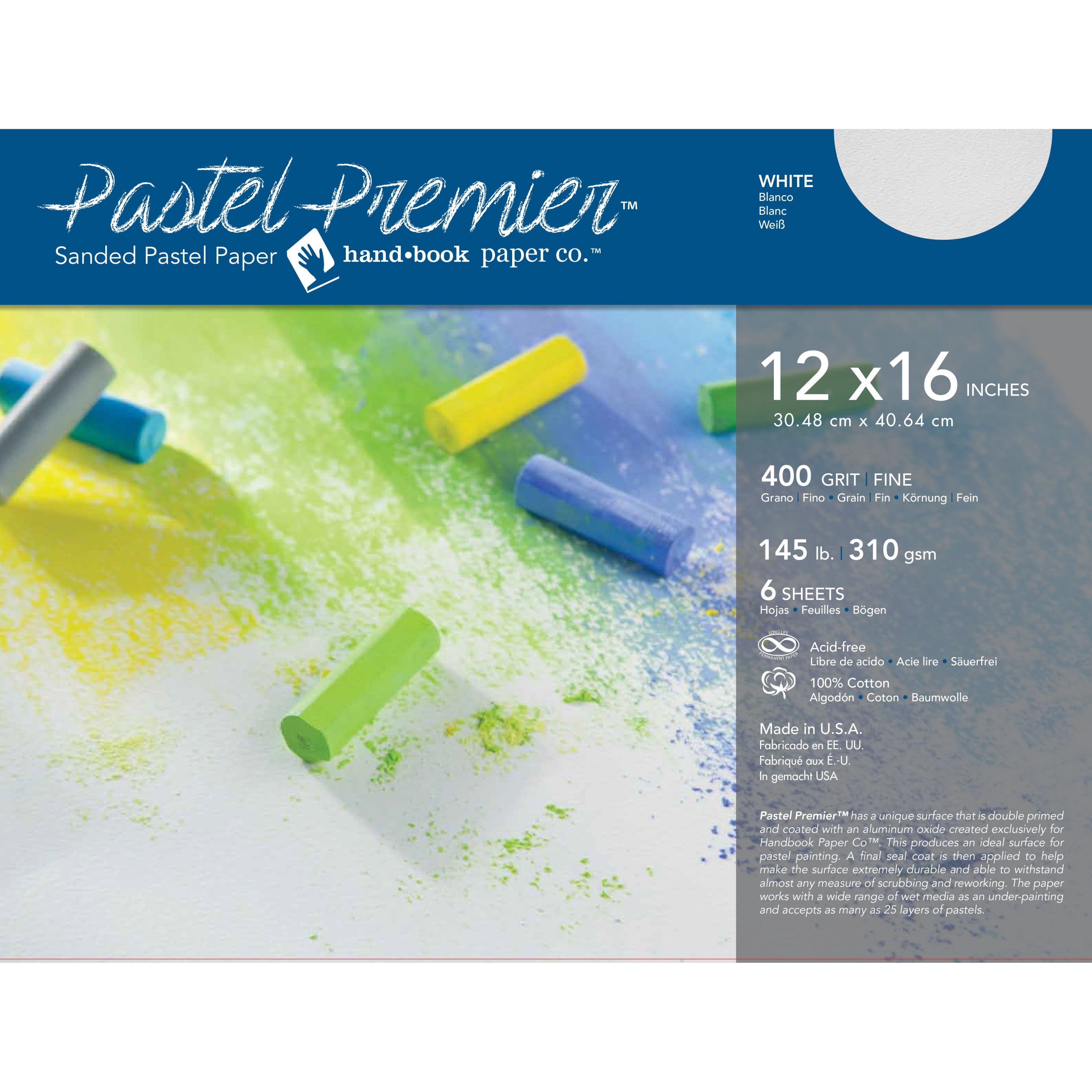 Global Art Pastel Premier Sanded Paper, 400 Grit, White, 12" x 16", 6