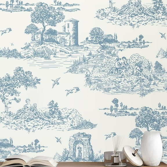 DAZLUTE Mural Peel and Stick Wallpaper 17.7” X 394” ,Blue and White Removable Wallpaper,Self-Adhesive Contact Paper