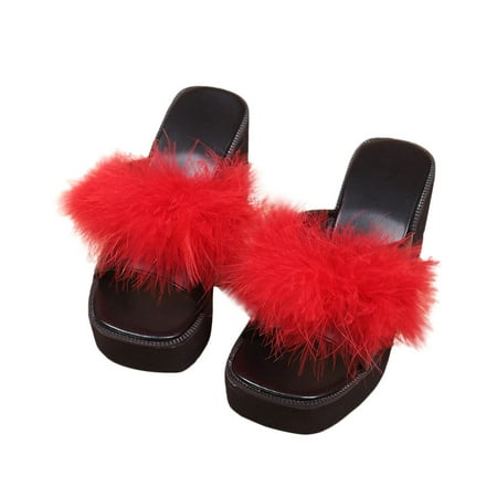 

JeashCHAT Clearance Slip On Slide Sandals for Women Women s Wedge-heeled Plush Slippers High-heeled Shoes Platform Beach Sandals (Red)