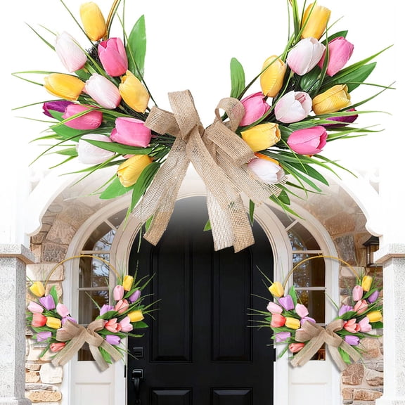 KOYPTL Easter Artificial Tulips Wreath for Front Door Wall Hanging,Tulip Floral Wreath for Spring Outdoor Wedding Porch Door Decorations,Fake Silk Flowers for Valentine Holiday Party Cabinet Window