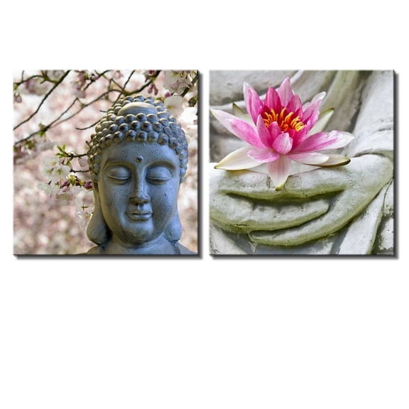 wall26 Two Piece Canvas - Buddha Statue with Cherry Blossoms and a Lotus on 2 Panels - Canvas Art Home Art - 12x12 inches