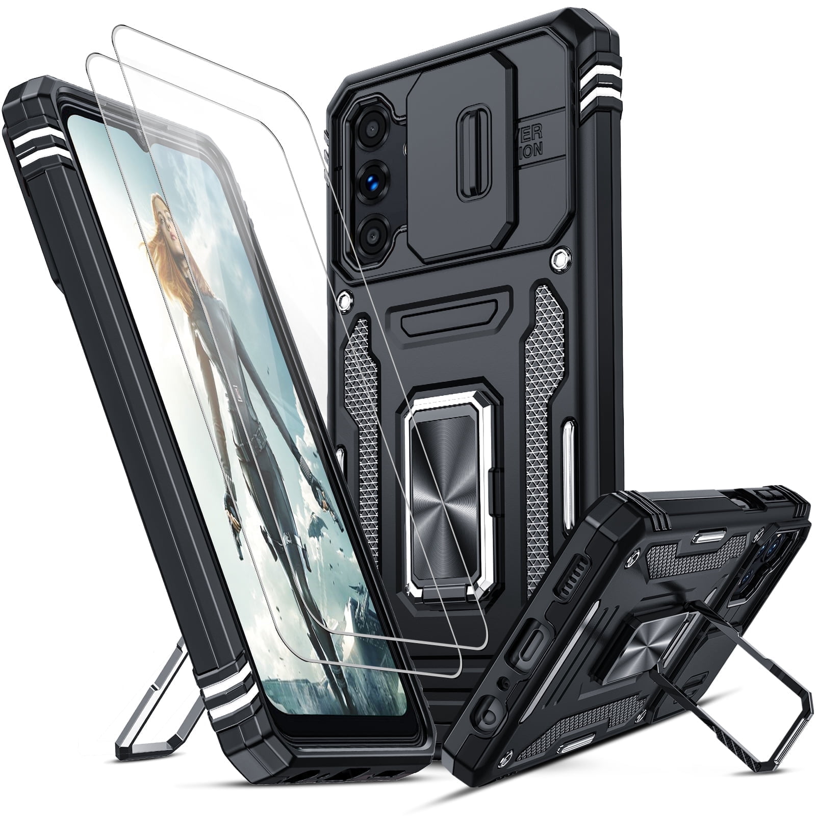 LeYi for Galaxy A13 5G Case, Samsung A13 Case with Slide Camera Cover + [2 Packs] Tempered Glass Screen Protector, Full Body Military-Grade Case with Upgrade Kickstand for Galaxy A13 5G, Black