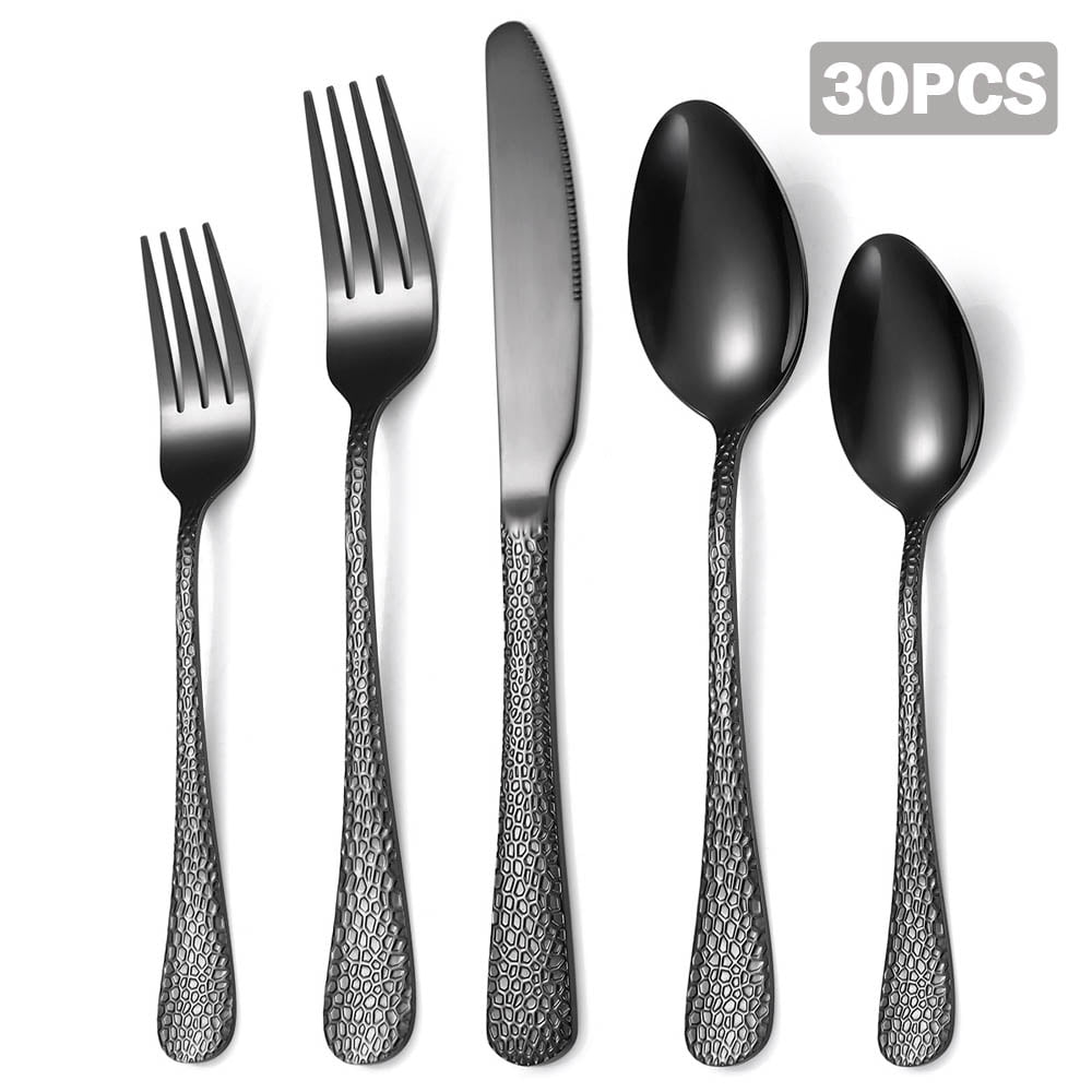 PUREAIN Silverware Set, 30 Pieces Black Hammered Flatware Set for 6, Mirror  Polished Stainless Steel Cutlery Set for Home, Kitchen, Restaurant and