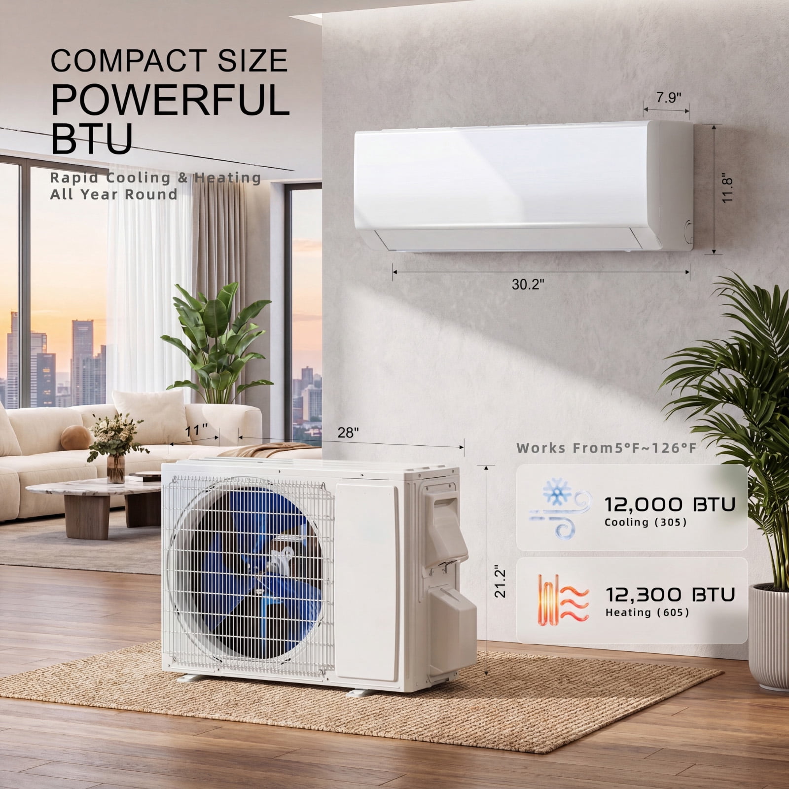 12000 BTU Mini Split Air Conditioner, WiFi Enabled 22 SEER2 208/230V Smart Inverter Ductless AC Heat Pump with Heating Function, Cool & Heat up to 750 Sq.Ft