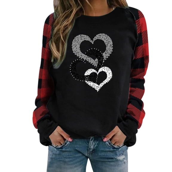 XIAOCHA Women Double Heart Embellished Sweatshirt Valentine Loose Long Sleeve Round Neck Pullover Spring Soft Daily Top