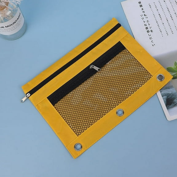 KUKIDSVO 3 Ring Zipper Pencil Pouch, Double Compartment Bag, Durable Cloth Organizer for Binder Office Desktop Cosmetic Storage (1 Piece,Yellow)
