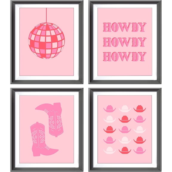 Hot Purple Howdy Western Boots Hats Bull Skull Disco Ball Poster Prints for Home Girls Room Dorm Decor,Preppy Decorations Prints Wall Art Unframed 4pcses,Teen Girls Gifts