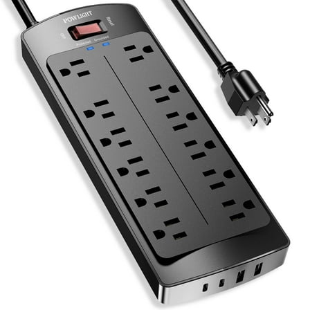 Surge Protector Power Strip with 12 AC Outlets, 4 USB Charging Ports (2 USB-C), 2700J Surge Protection, 6ft Extension Cord (1875W/15A) for Home and Office Use