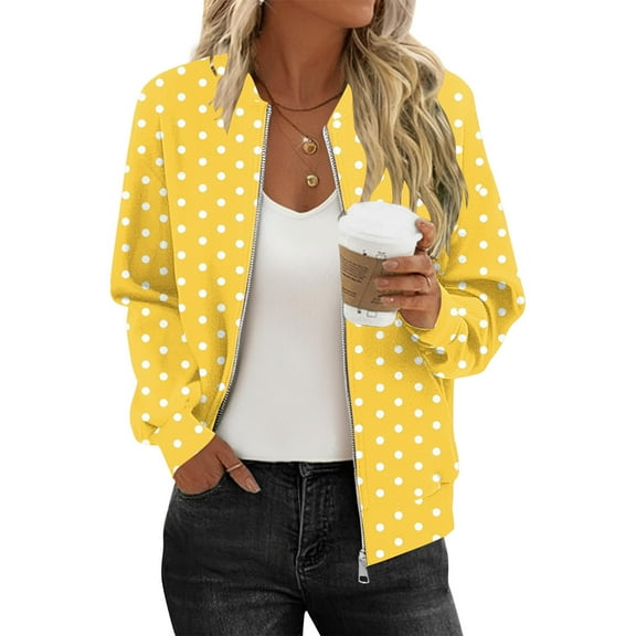 Bomber Jacket Women Sevevn Women's Bomber Jacket Casual Polka Dot Print Long Sleeve Pocket Zipper Sweatshirts Coat
