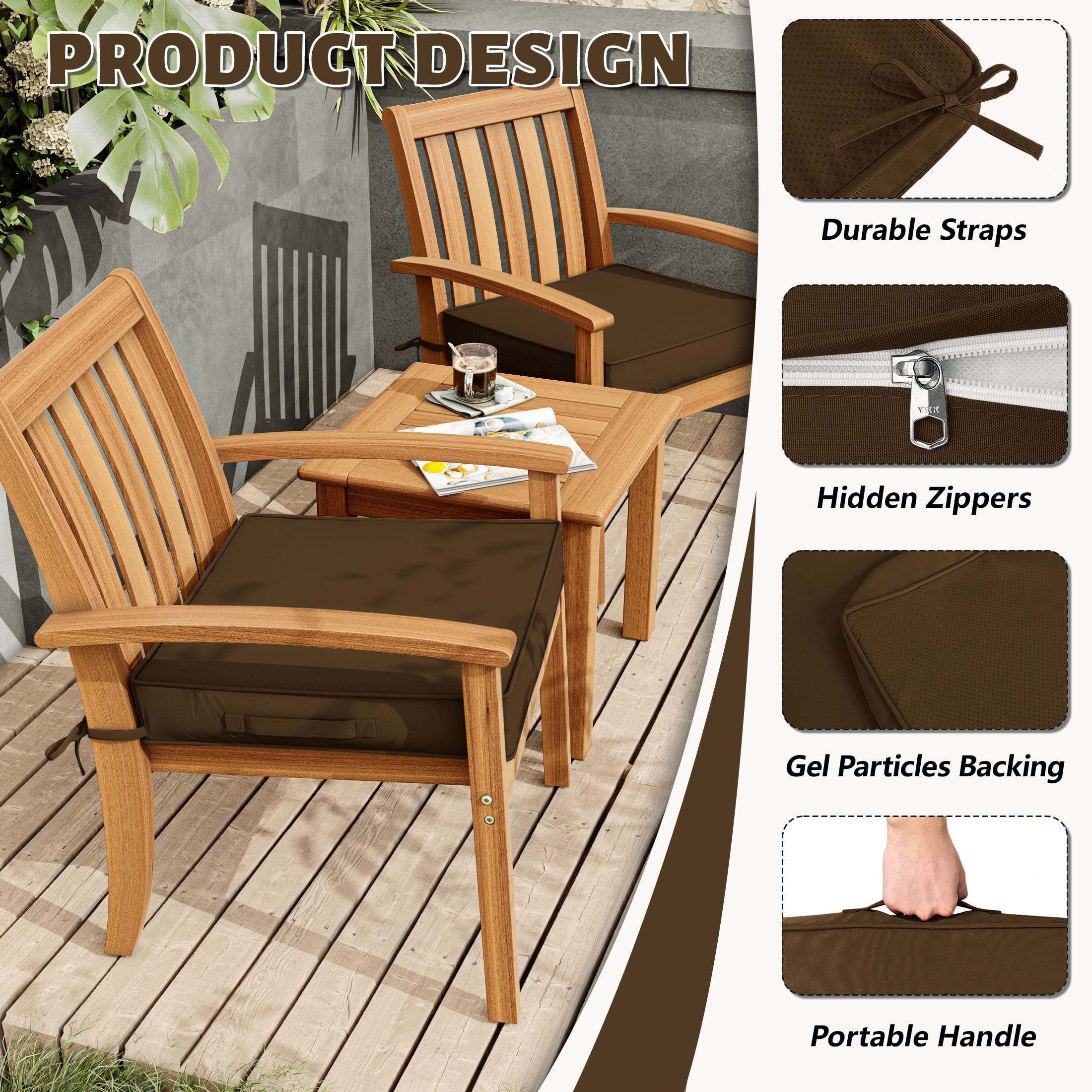 Kimunuk 4 Pack Outdoor Chair Cushions, 19" x 19" Waterproof Outdoor Seat Cushions Couch Pads with Ties & Handle for Patio Furniture, Chocolate
