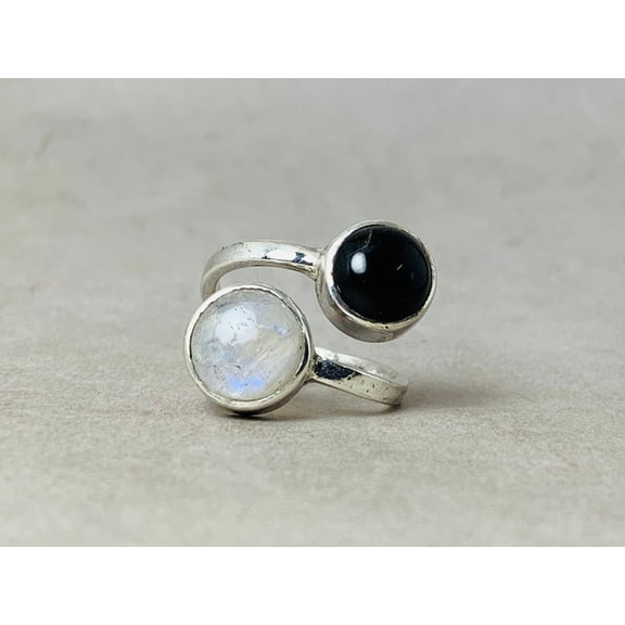 Heaven Crafts Black Onyx & Moonstone Ring 925 Sterling Silver Handmade Boho Adjustable Ring For Women