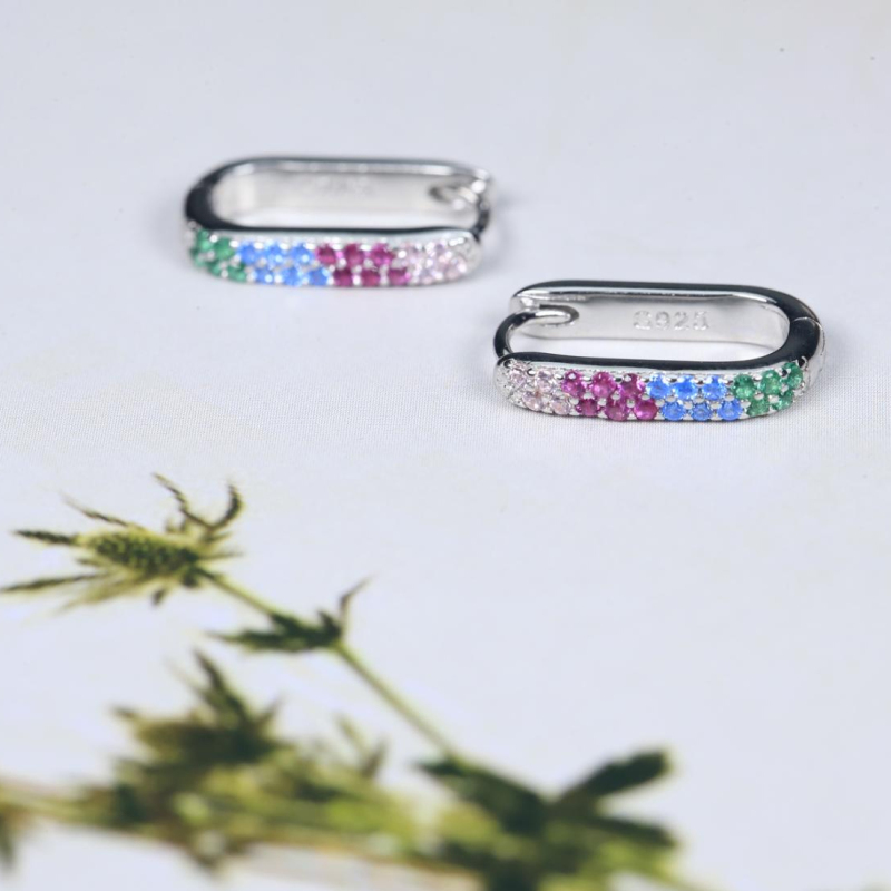 925 Sterling Silver Earrings for Women - Rectangle Rainbow Huggie Hoop Earrings Pavé Multicolor CZ, Hypoallergenic Dainty Jewelry for Daily Wear with RTT Jewelry Box