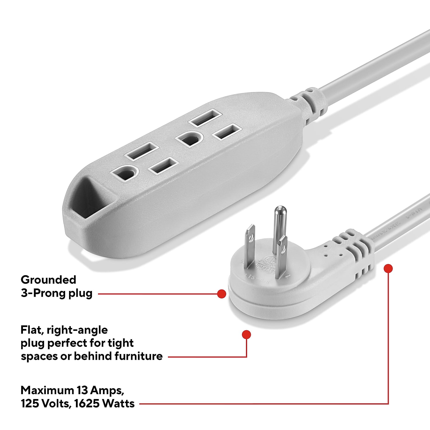 Staples TECH 25' Extension Cord 3-Outlet 16 AWG Gray 2/Pack (ST62346)