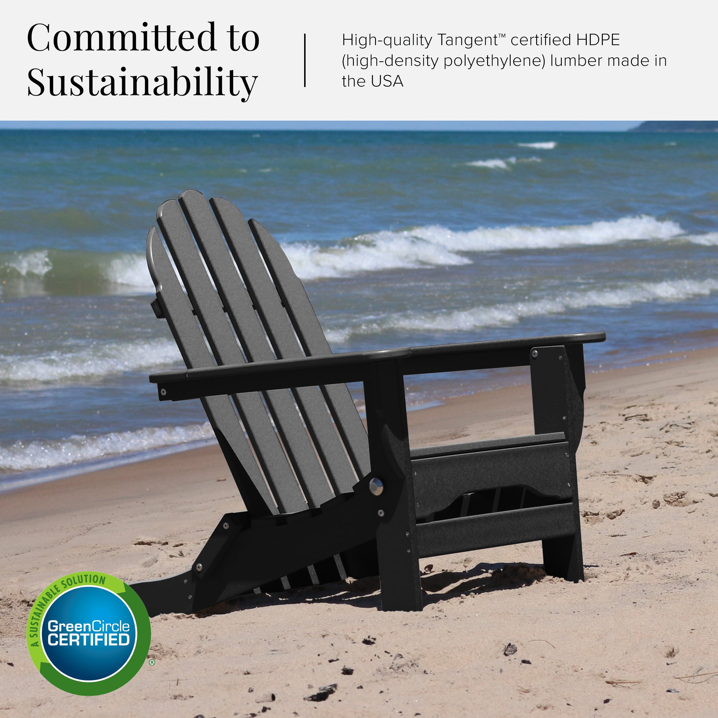 DuroGreen Folding Adirondack Chairs Made With All-Weather Tangent Lumber, Set of 4, Oversized, High End Patio Furniture for Porch, Lawn, Deck, or Fire Pit, No Maintenance, , Black