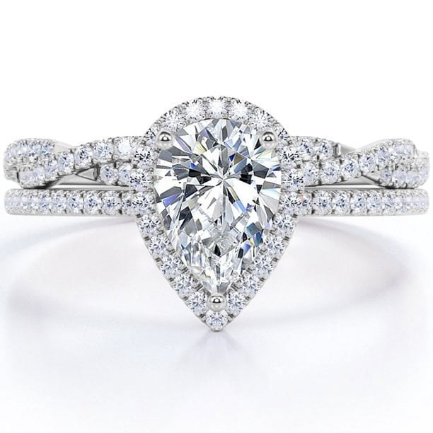 JeenMata Anillo de Bodas Nupcial con Halo de Diamantes y Moissanita de Talla Pera de 1,25 Quilates Engastado en Oro Blanco de 10 K