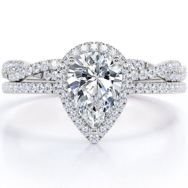JeenMata Anillo de Bodas Nupcial con Halo de Diamantes y Moissanita de Talla Pera de 1,25 Quilates Engastado en Oro Blanco de 10 K