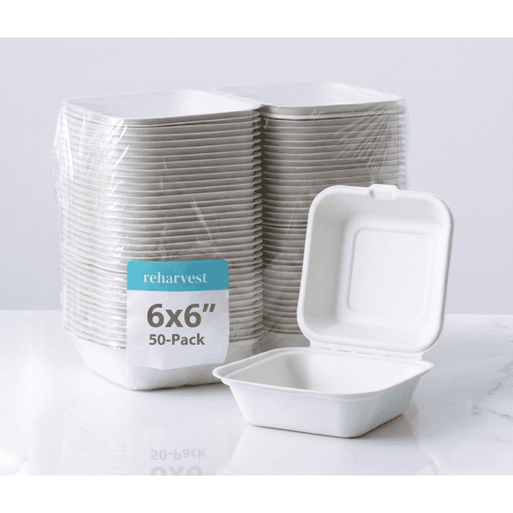 Reharvest 6x6-Inch To-Go Clamshell Take Out Container [Pack of 50], Heavy-Duty, 100% Biodegradable, Home Compostable, Plastic-Free, Made of Eco-Friendly Plant-Based Sugarcane Bagasse Fibers