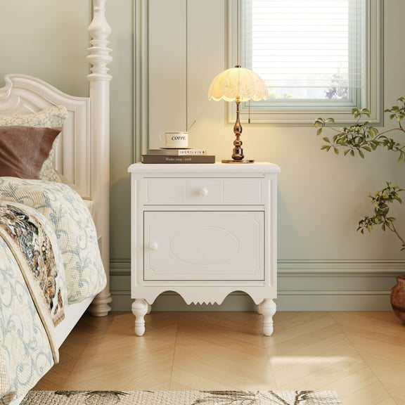 Christopher Knight Home Vintage Nightstand with Pattern Carved Drawer, Skirted Bedside Table, Ivory White