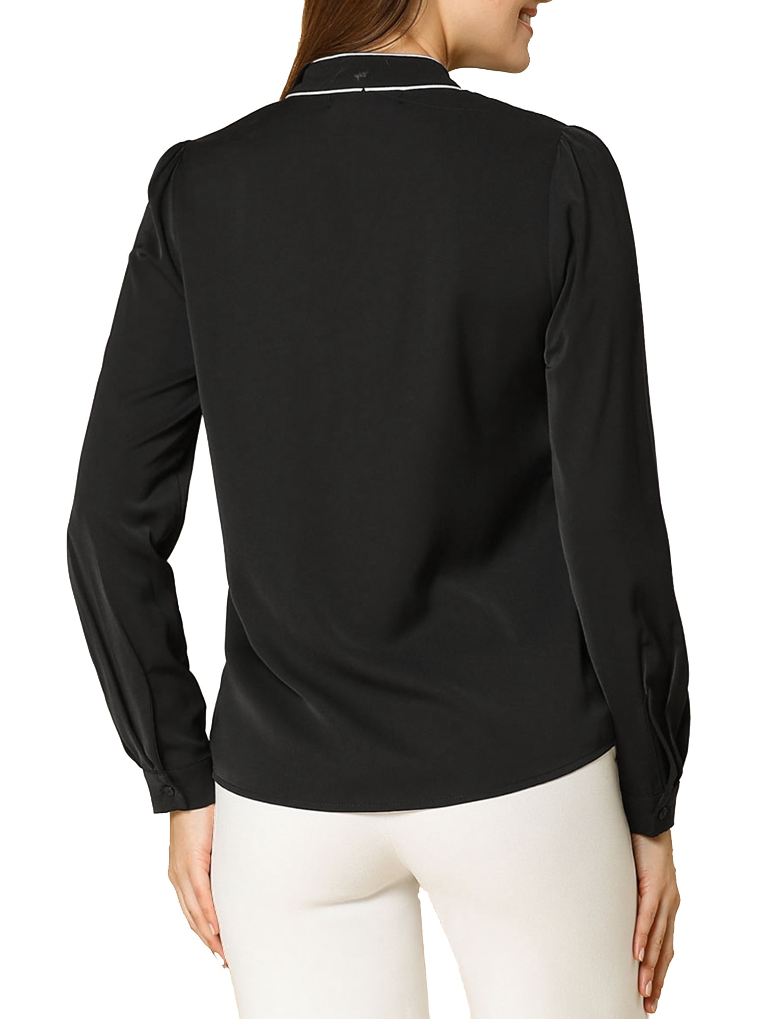 DARING DIVA Women's Contrast Color Button Down Long Sleeve Tie Neck Shirt XL Black