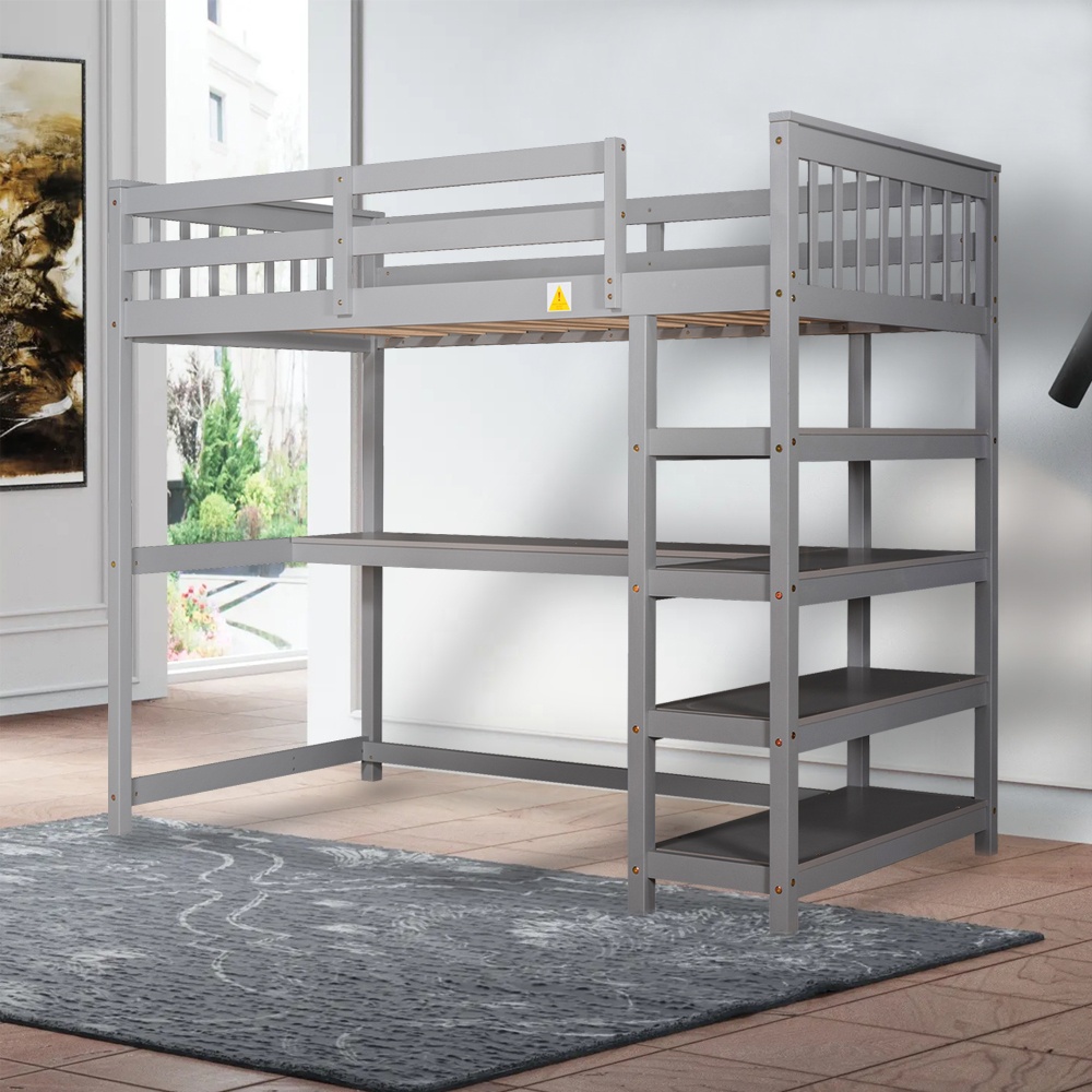 Our double loft bed with storage shelf and under bed desk and solid