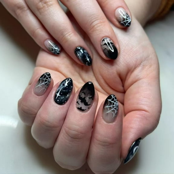 Yoyauz 24PCS French Pointed Nail, Fake Nail, Needle Nail, And Halloween Black Spider Bat Design Charm Acrylic Nails Suitable For Girls And Ladies