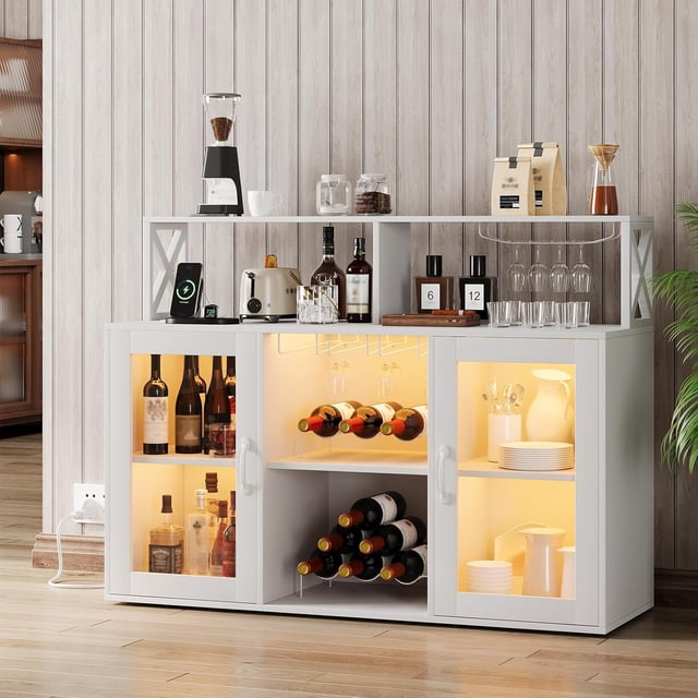 47" Wine Cabinet with LED Light, Home Coffee Cabinet with Wine Rack and Glass Holder, Coffee Bar Buffet Sideboard Storage with Power Outlets, for Living Room, Dining Room, White