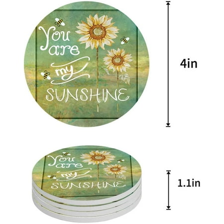 

ZHANZZK Sunflowers You Are My Sunshine Set of 6 Round Coaster for Drinks Absorbent Ceramic Stone Coasters Cup Mat with Cork Base for Home Kitchen Room Coffee Table Bar Decor