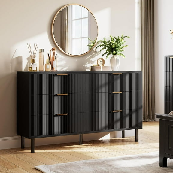 M optimized Fluted 6 Drawer Dresser, Wide Wood Double Dresser with Metal Legs and Handles, Modern Chest of Drawers with Anti-Tipping Design for Bedroom Living Room Hallway
