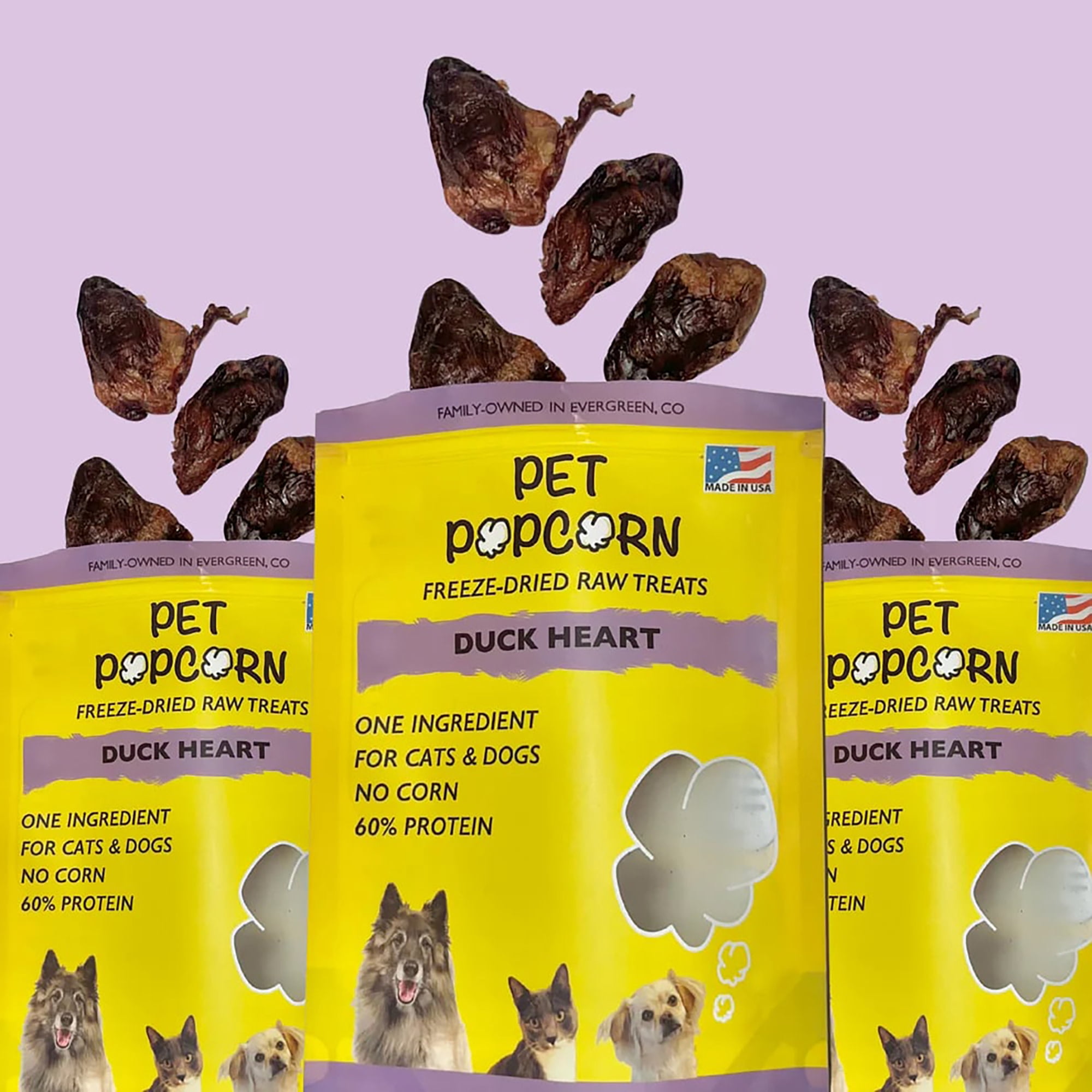 Pet Popcorn: Freeze-Dried Raw Treats - Duck Heart - 2.5oz Bag, Dog & Cat Snacks, Single Ingredient, Natural, Pet Food Topper, Protein‑Packed Meat