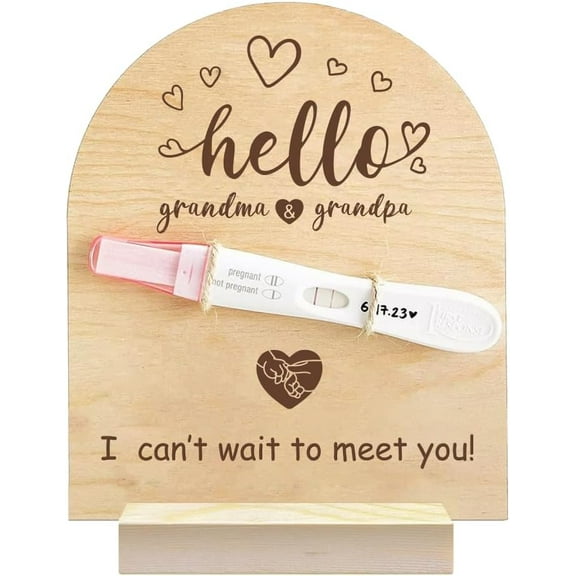 1 Pc Wooden Pregnancy Announcement Sign Hello Grandma Grandpa Wooden Pregnancy Test Keepsake with Base Twine Rope Pregnancy Reveal to Family to Be Gift for Display