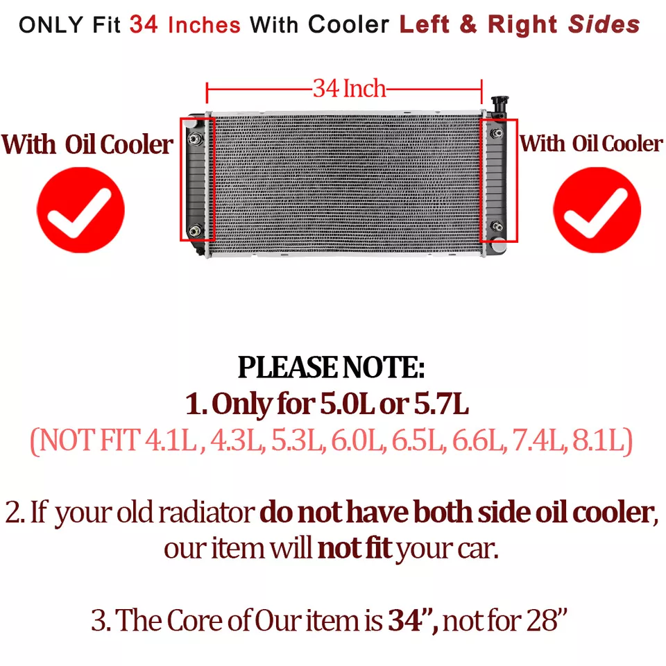 RVNI Radiator for 1999-2000 Chevy Chevrolet Tahoe C1500 C2500 C3500 GMC Yukon K1500 K2500 K3500 Cadillac 5.0 5.7 V8