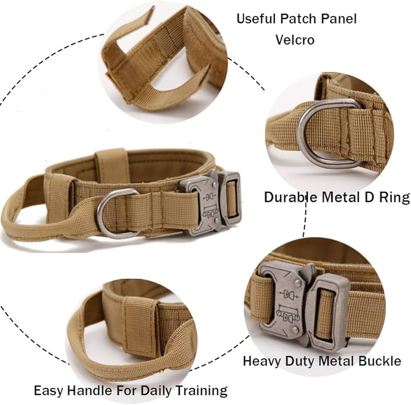 Tactical Dog Collar Adjustable Military Nylon Dog Collar with Control Handle and Heavy Duty Metal Buckle for Medium and Large Dogs (Brown,L)