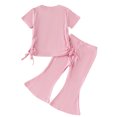 thumbnail image 4 of tarylea Baby Girl Clothes Drawstring Short Sleeve Crew Neck Tops Elastic Waist Bell Bottom Flare Pants Solid Color Ribbed Suits Summer Trendy Comfy Loose Toddler Outfits for 9 Months-4 Years, 4 of 9
