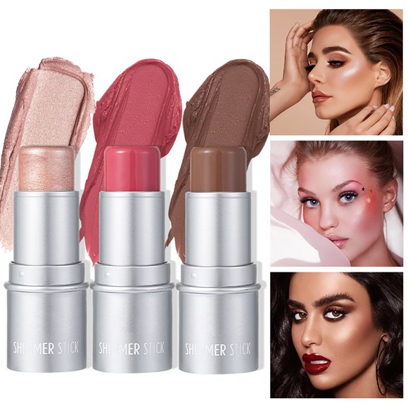 3 Pack Color Highlighter And Contouring Sticks Brightening Shadow Sticks Rouge Sticks,Silver Makeup White Blusher