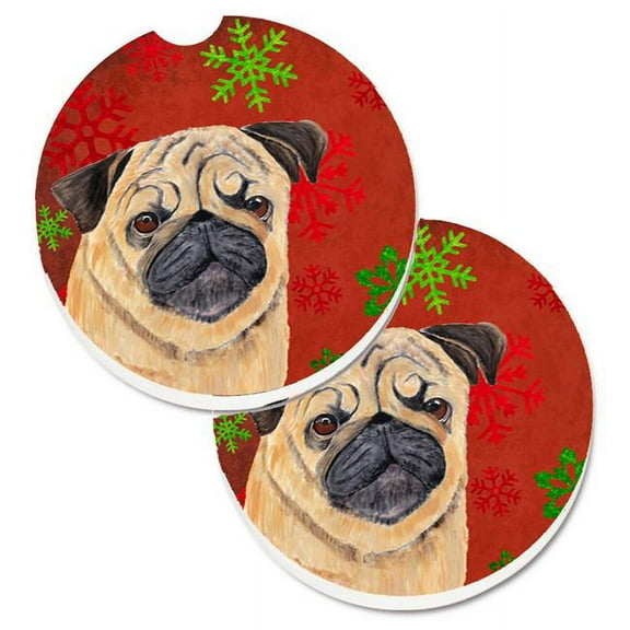 Pug Red & Green Snowflakes Holiday Christmas Set of 2 Cup Holder Car Coaster