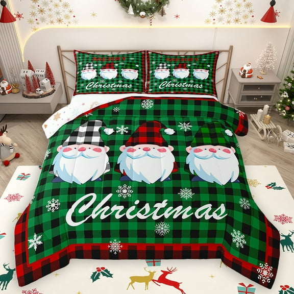 Homewish Cute Christmas Gnome Queen Comforter Set, Xmas Winter Snowflake Bedding Sets, Green Plaid Checkered Reversible Bedding Comforter Set, Super Cozy Room Decor, 3 Pieces