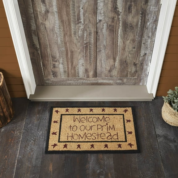 VHC Brands Coir Welcome Door Mat, Entry Rug, with PVC Backing, for Indoor Outdoor Use, Connell Collection, Rectangle 20x30 Doormat, Welcome to Our Prim Homestead, Natural