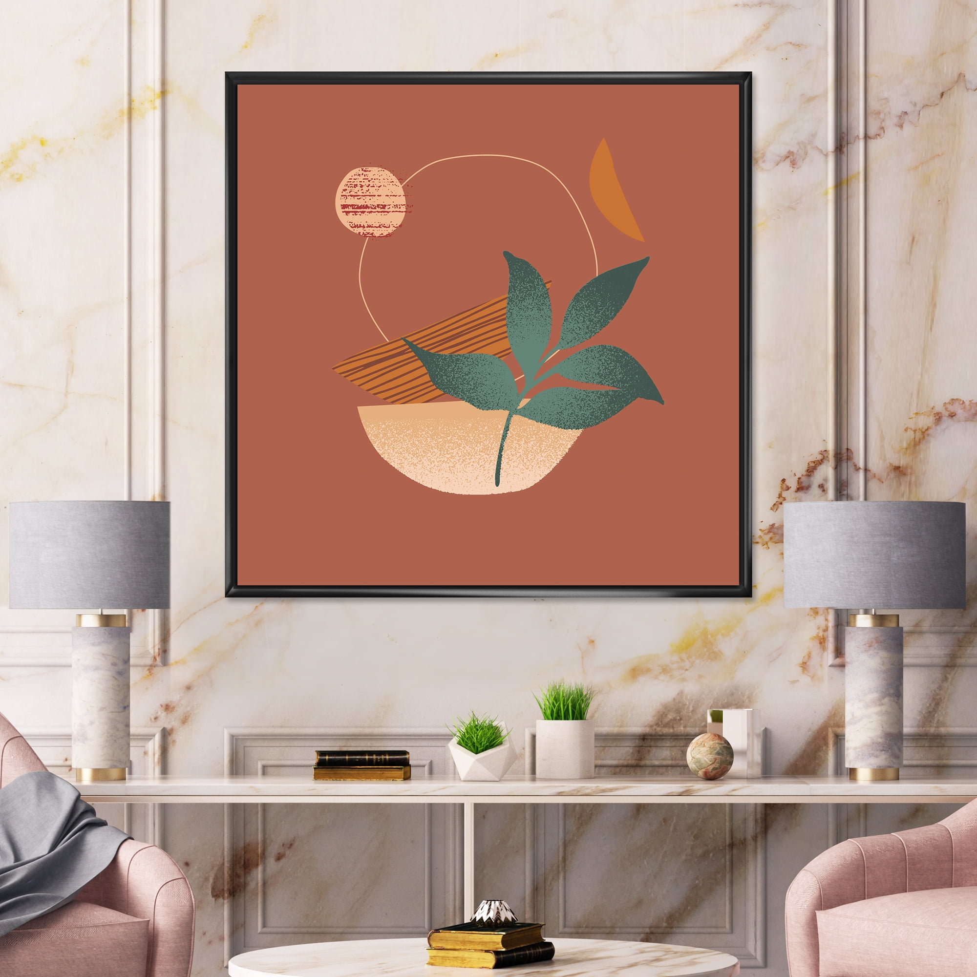 Designart 'Shapes and Tropical Leaf Silhouettes III' Modern Framed Canvas Wall Art Print