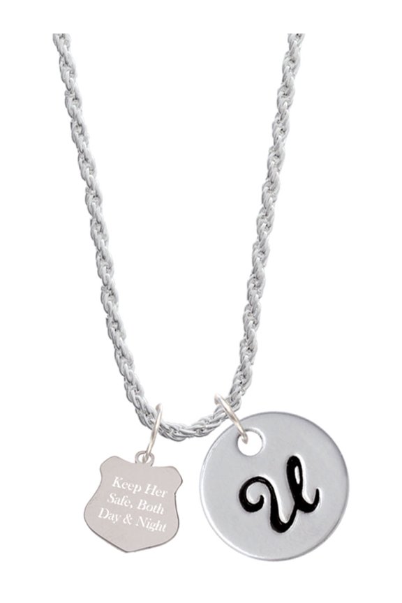 Stainless Steel Keep Her Safe Police Badge - Silvertone Script Initial Disc - U - Charm Necklace, 20"+3"