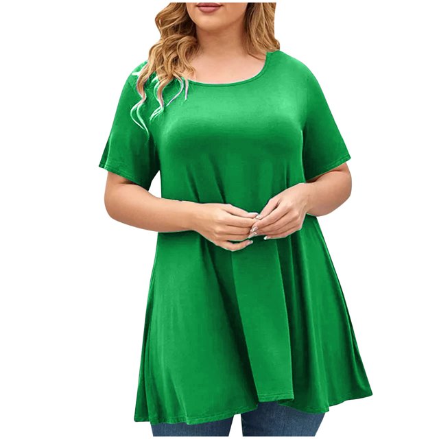 SwiftWear Women's Plus Size Flowy Tunic Top Spring & Summer Short Sleeve Loose Fit Crew Neck Shirt for Going Out