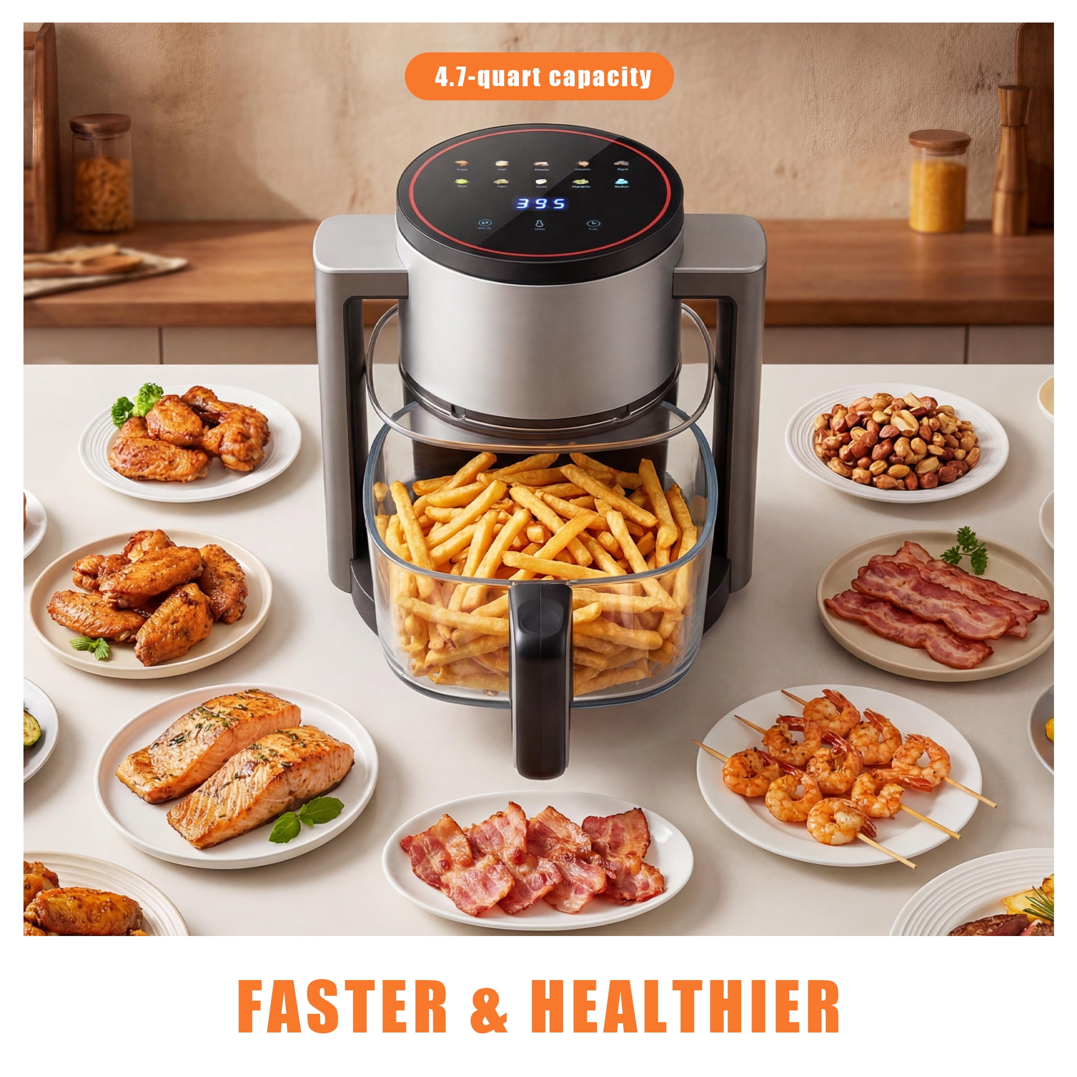edx Glass Air Fryer, 4.5L Transparent Cooking Bowl, Reheat Function, Temperature Control, Dishwasher Safe, Black