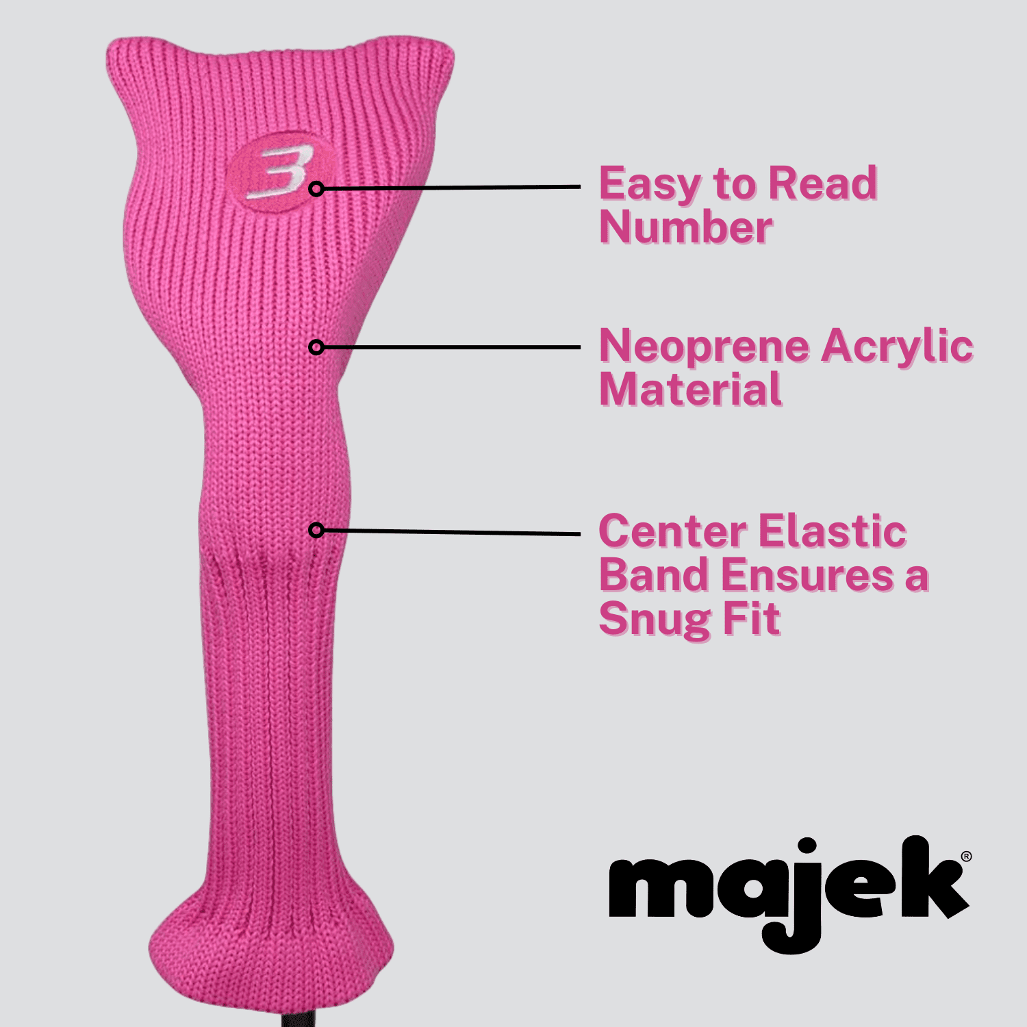 Majek All Hybrid Golf Club Pink Headcover Set 3-SW. Neoprene Acrylic Head Covers 3 4 5 6 7 8 9 PW SW