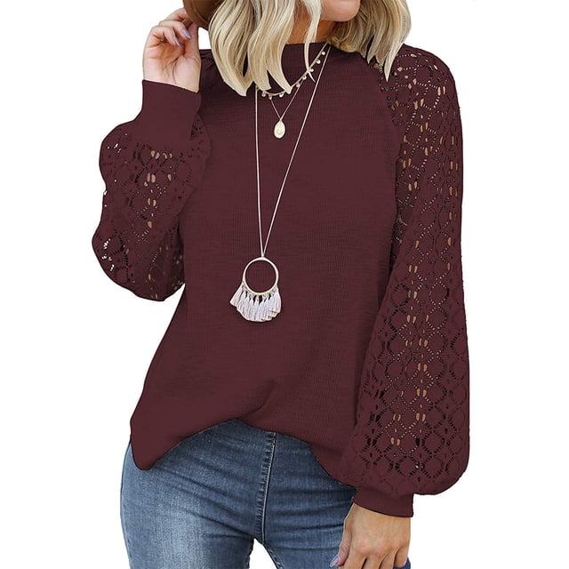 Sonducket Blusa de manga larga de encaje para mujer Camiseta de color sólido con cuello de encaje Prendas para la parte del cuerpo Vino rojo S