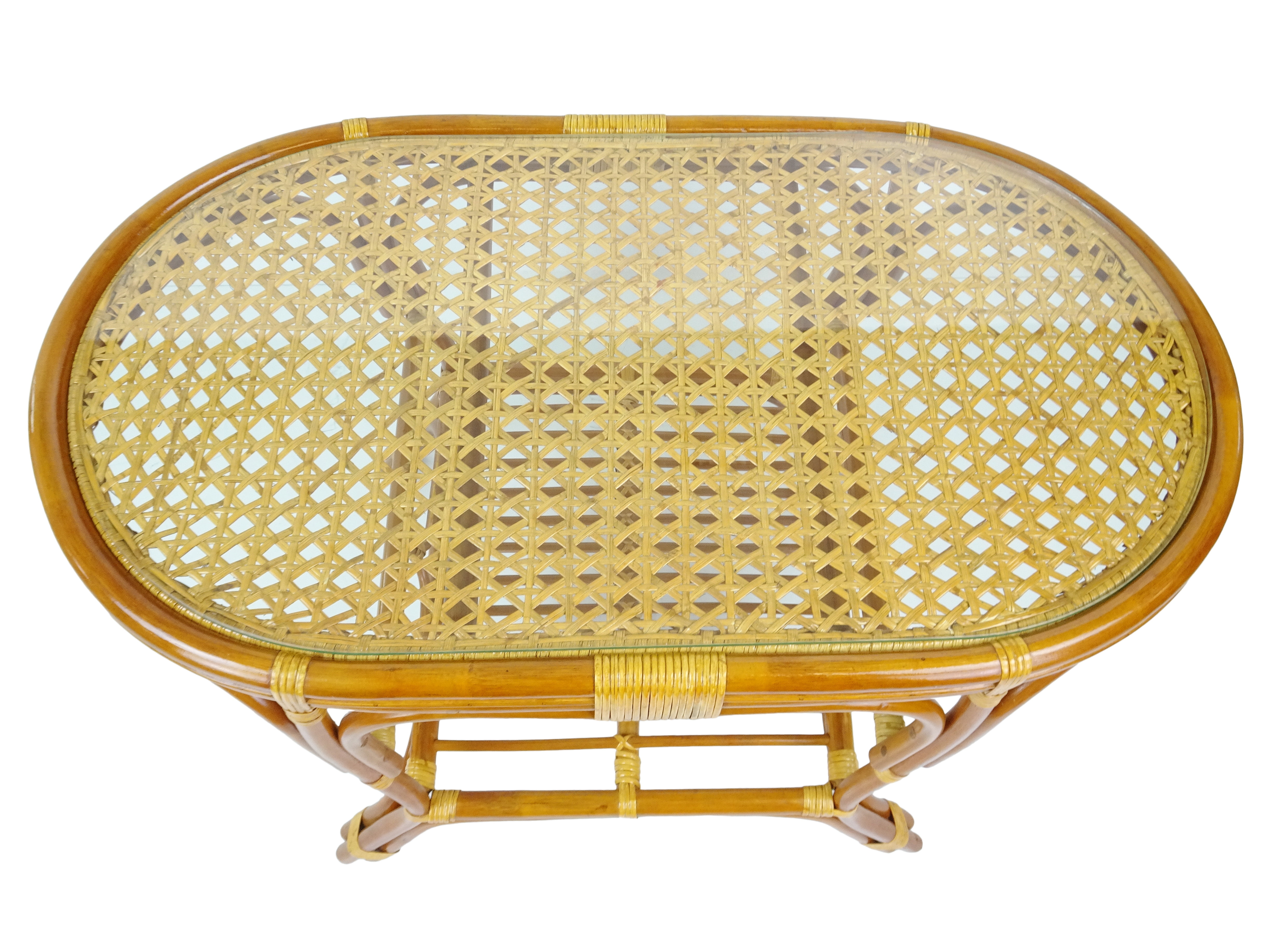 SK New Interiors Pelangi Coffee Oval Table w/ Glass Top Natural Rattan Wicker ECO Handmade Design, Colonial
