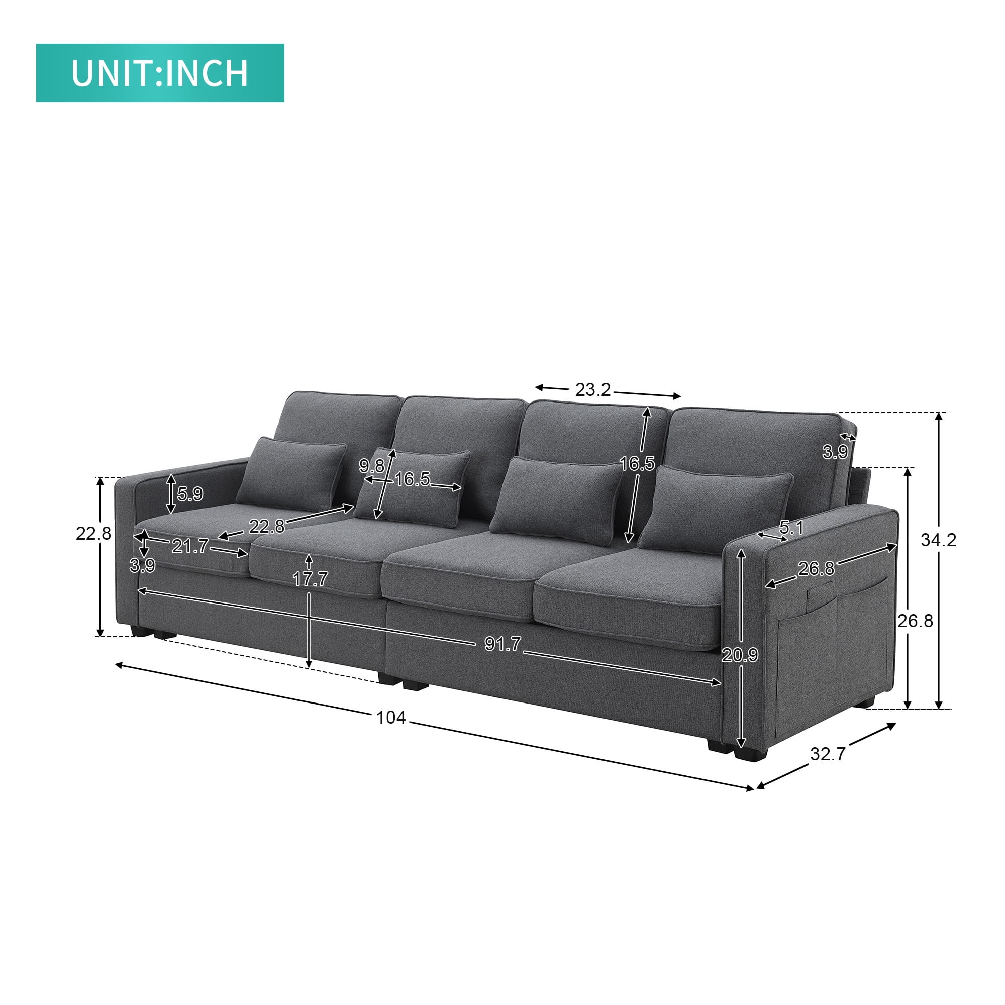 Leumius 104" Sectional Sofa, Modern Linen Fabric 4-Seater Sofa Couch with 4 Pillows, Minimalist Style Couch for Living Room, Apartment, Office, Dark Gray